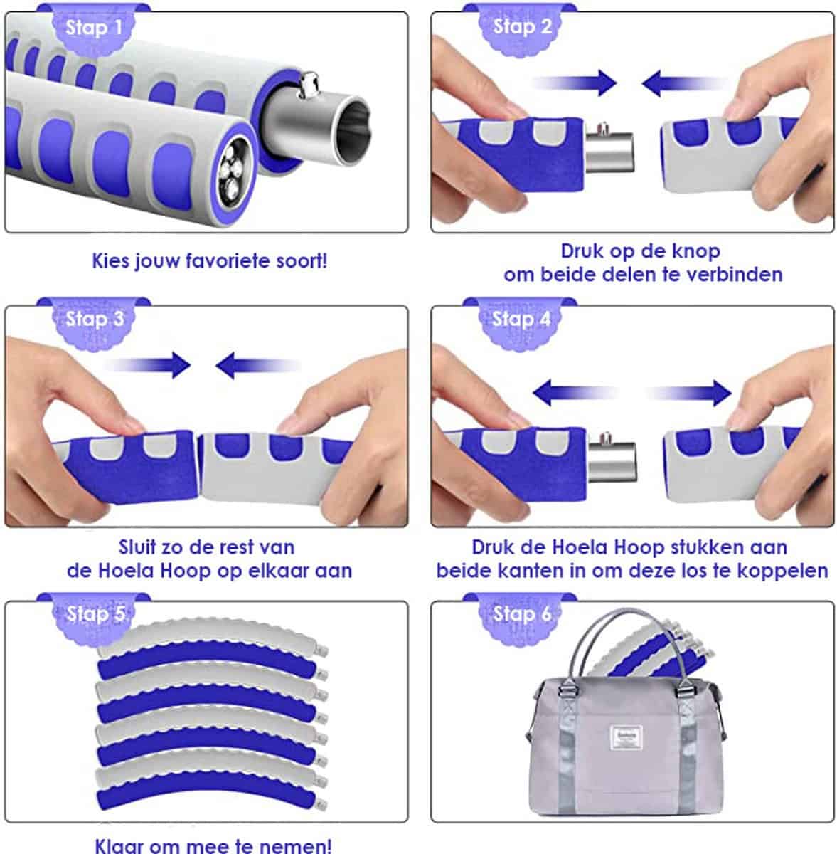 Hoelahoep - Fitness - hoelahoep met gewicht - verstelbaar 1.2kg tot 1.5kg - hula hoop fitness – grijs/paars - Cadeau - Afbeelding 5
