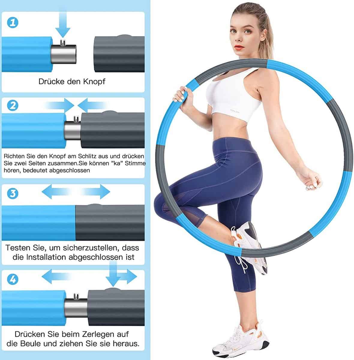 Hoelahoep - Fitness - hoelahoep met gewicht - verstelbaar 1.2kg tot 3.2kg - hula hoop fitness - grijs/blauw - Cadeau - Afbeelding 5