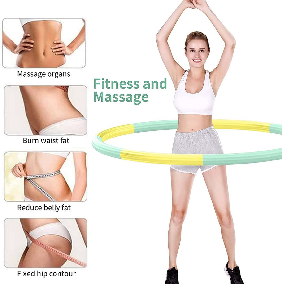 Hoelahoep - Fitness - hoelahoep met gewicht - verstelbaar 1.2kg tot 3.2kg - hula hoop fitness - geel/mint - Cadeau - Afbeelding 4