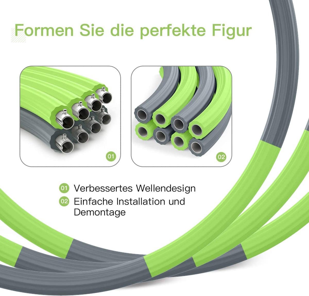 Hoelahoep - Fitness - hoelahoep met gewicht - verstelbaar 1.2kg tot 2kg - hula hoop fitness - groen/grijs - cadeau - Afbeelding 5