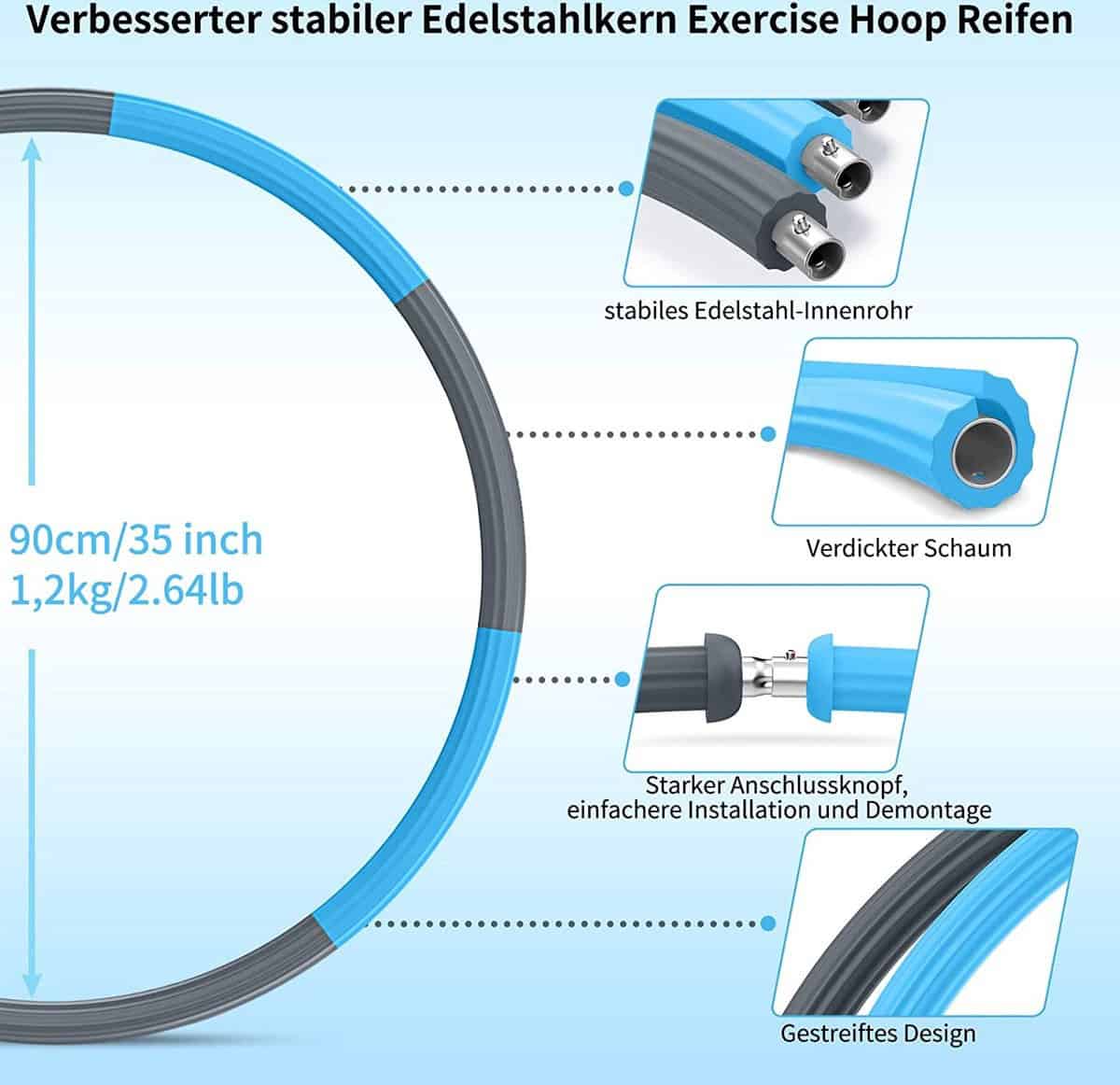 Hoelahoep - Fitness - hoelahoep met gewicht - verstelbaar 1.2kg tot 3.2kg - hula hoop fitness - grijs/blauw - Cadeau - Afbeelding 3
