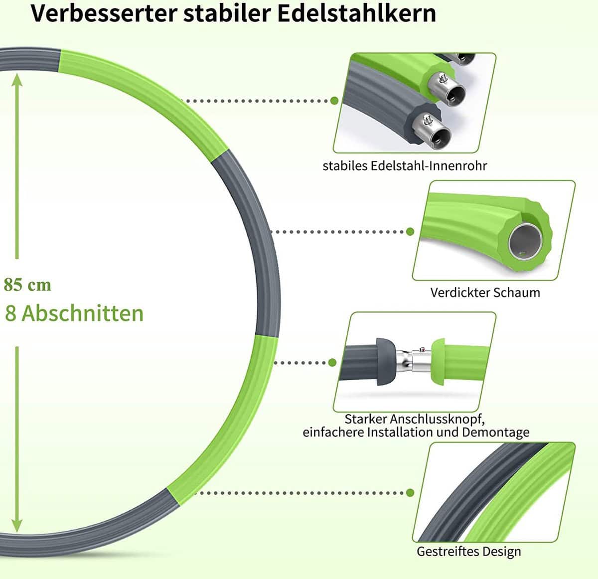 Hoelahoep - Fitness - hoelahoep met gewicht - verstelbaar 1.2kg tot 2kg - hula hoop fitness - groen/grijs - cadeau - Afbeelding 6