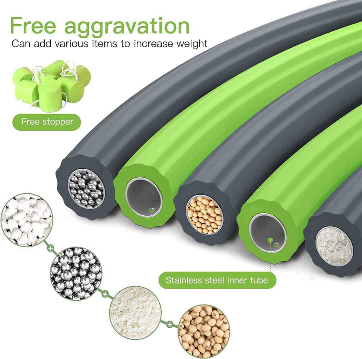 Hoelahoep - Fitness - hoelahoep met gewicht - verstelbaar 1.2kg tot 2kg - hula hoop fitness - groen/grijs - cadeau - Afbeelding 4