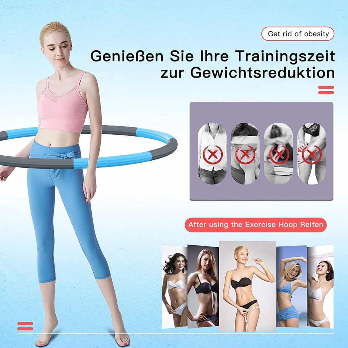 Hoelahoep - Fitness - hoelahoep met gewicht - verstelbaar 1.2kg tot 3.2kg - hula hoop fitness - grijs/blauw - Cadeau - Afbeelding 2