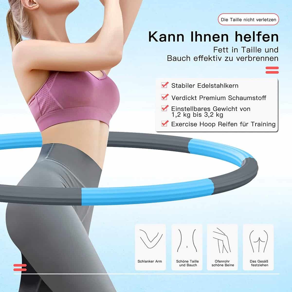 Hoelahoep - Fitness - hoelahoep met gewicht - verstelbaar 1.2kg tot 3.2kg - hula hoop fitness - grijs/blauw - Cadeau - Afbeelding 7