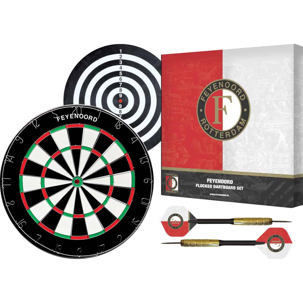 Feyenoord Flocked Dartbord - Dubbelzijdig - Dartbord met 6 dartpijlen - Dart Flights - Dart Shafts - Darts