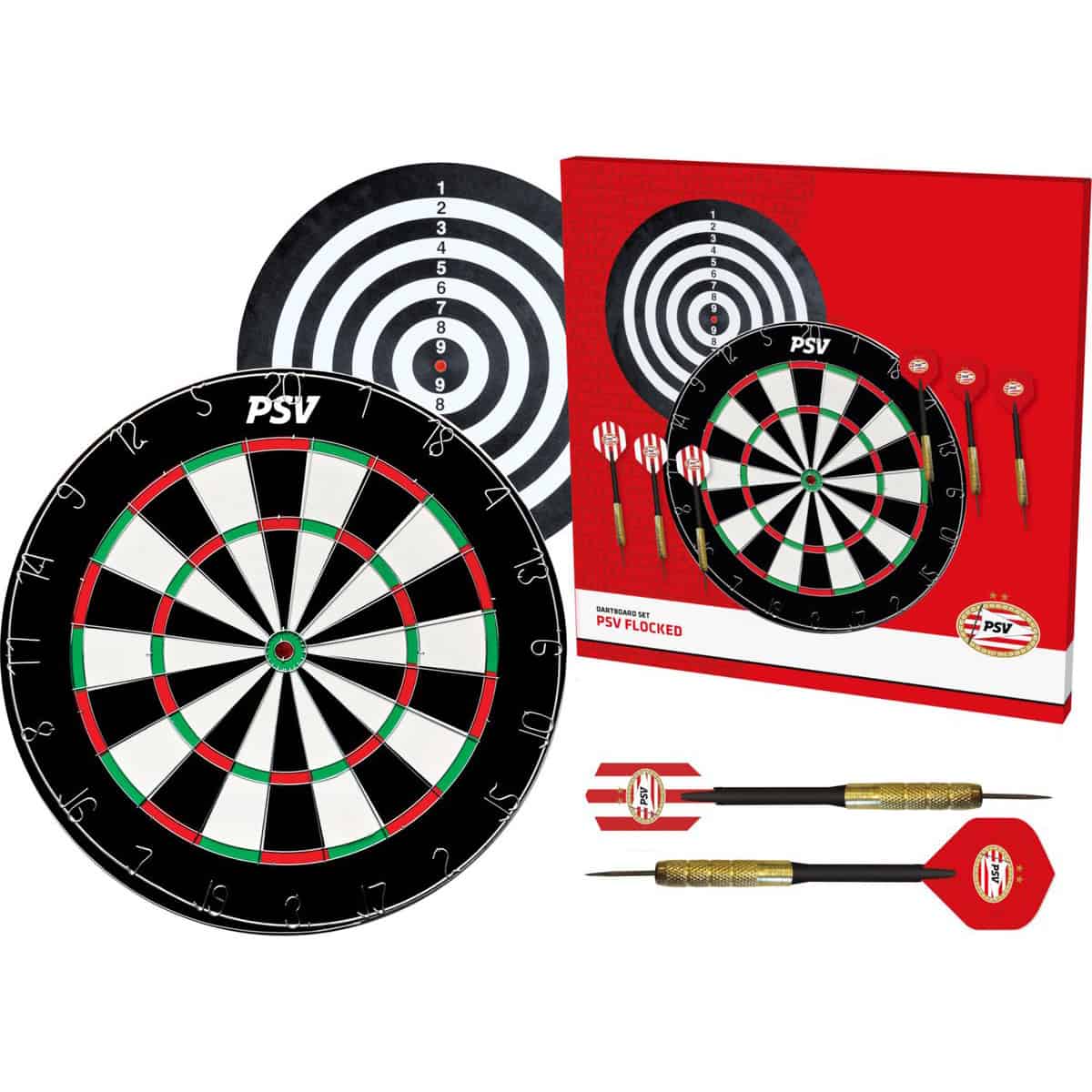 PSV Flocked Dartbord - Dubbelzijdig - Dartbord met 6 dartpijlen - Dart Flights - Dart Shafts - Darts