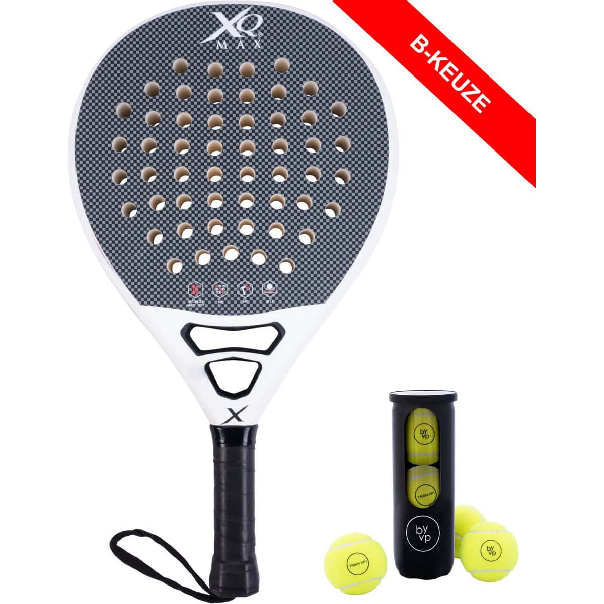 XQMax Padel Racket Carbon Wit (B-Keuze) - met 3 Padel Ballen - Lichtgewicht Padelracket - Ronde vorm - Sweetspot