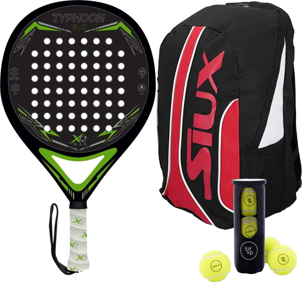 XQMax Padel Racket Typhoon - met Padel Tas en 3 Padel Ballen - Lichtgewicht Padelracket - Ronde vorm - Sweetspot - Geschikt voor