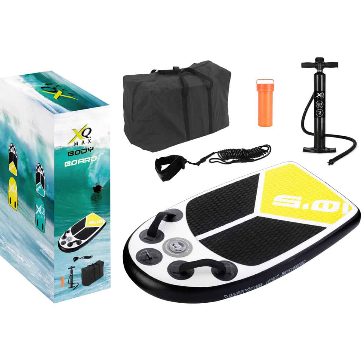 XQMax Bodyboard - Yellow Edition - 105x60x10 cm - Inclusief Pomp en Reparatieset - Opblaasbaar - Bodyboard Kids - Bodyboard Volwassenen
