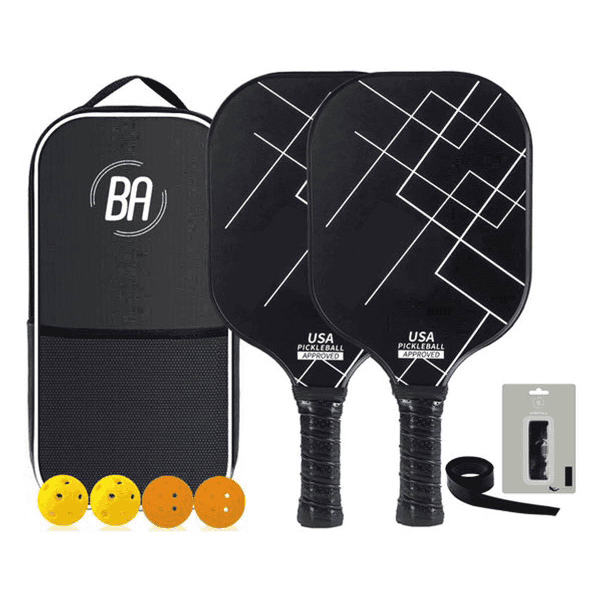 Best Active Pickleball Set - 2 Rackets & 4 Ballen - Carbon Fiberglass - Black Out